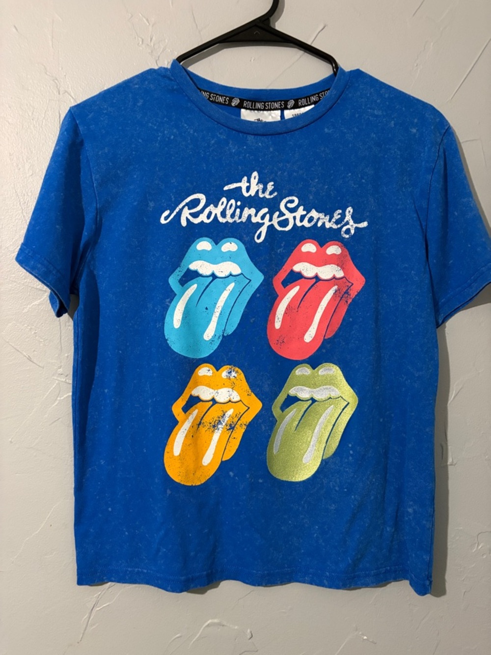 the Rolling Stones Blue Tee with Cyan, Red, Yellow, and Lime Tongues